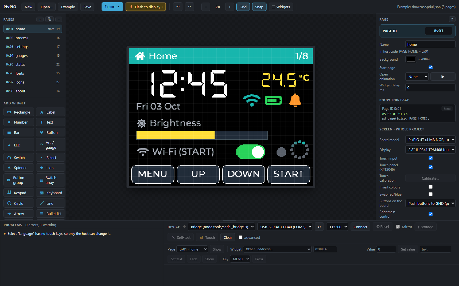 PixPIO Editor: toolbar, pages, add widget, preview, properties, problems, device