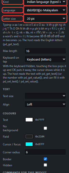 Input box settings: Kind, Language, Letter size in red boxes