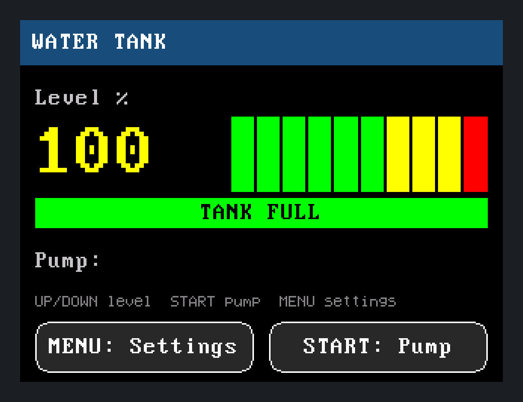 Water Tank on the PixPIO display: WATER TANK title, level 80, green bar, Pump ON
