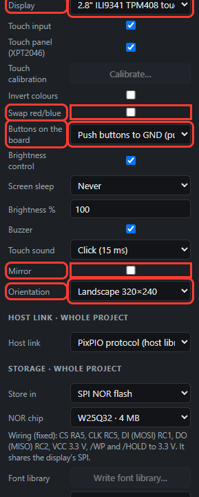 Display, Buttons, Swap red/blue, Mirror, Orientation in red boxes