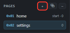 Pages: home start, settings; + in a red box