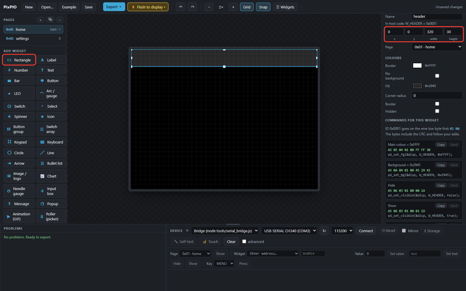 Rectangle added; Rectangle button and x y width height in red boxes