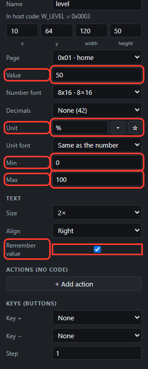 Number: Value, Unit, Min, Max, Remember value in red boxes