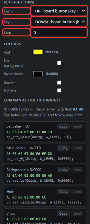 Key + UP, Key − DOWN, Step 5 in red boxes