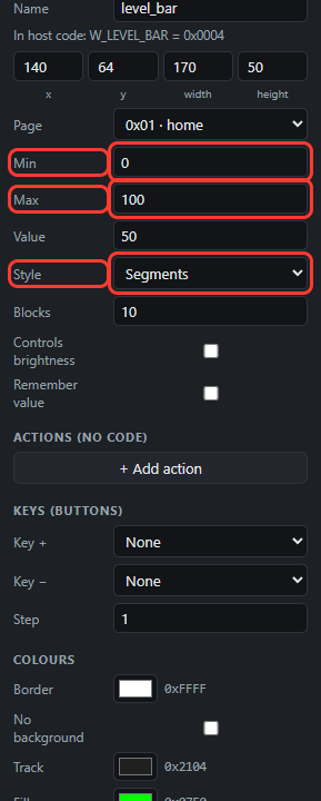 Bar: Min, Max, Style in red boxes