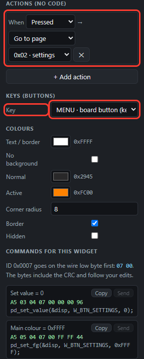 Pressed Go to page settings, Key MENU in red boxes
