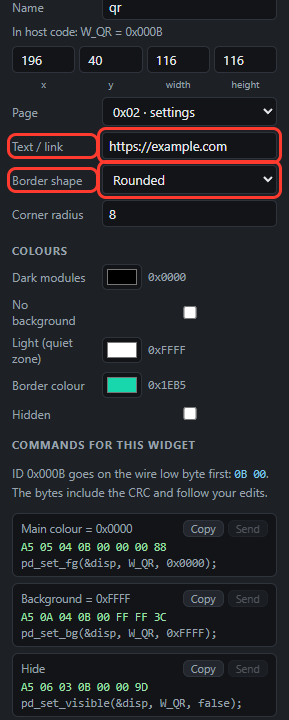 QR: Text / link, Border shape in red boxes