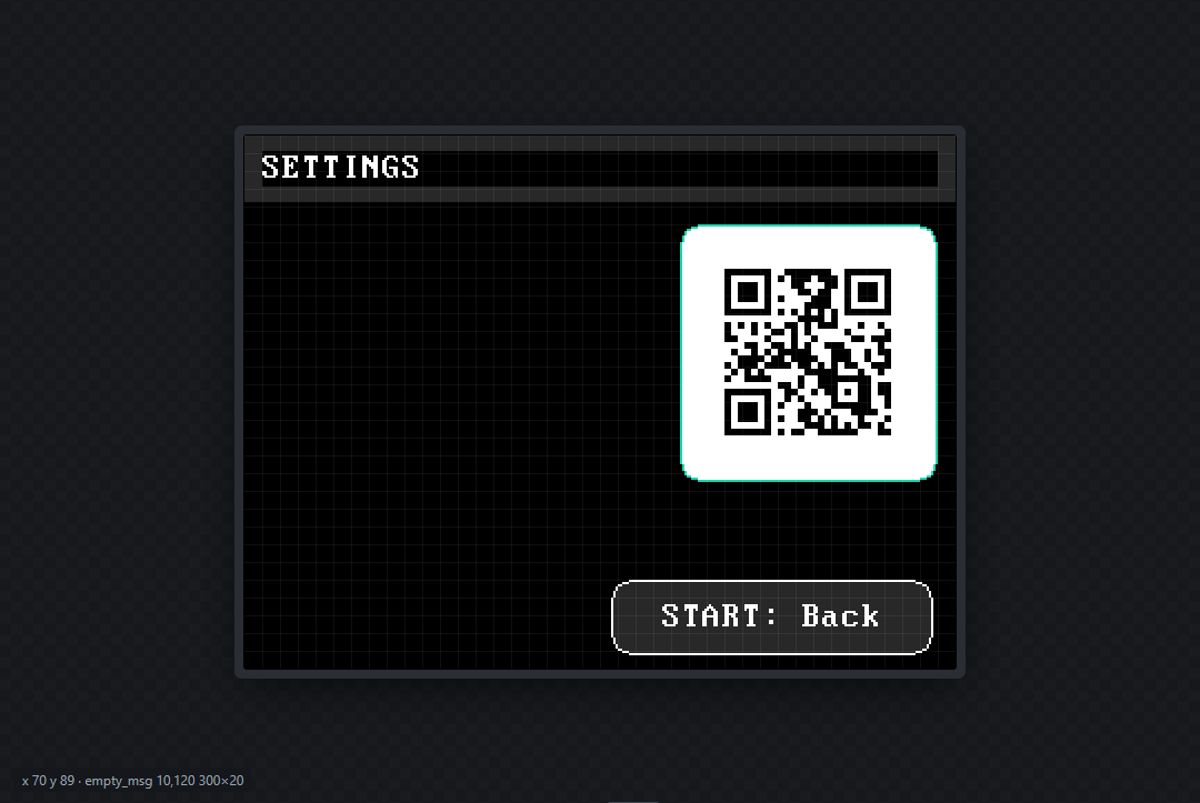 Settings page: SETTINGS, rounded QR, START: Back