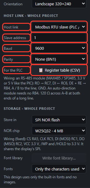 Host link Modbus RTU slave, Slave address, Baud, Parity, Register table in red boxes