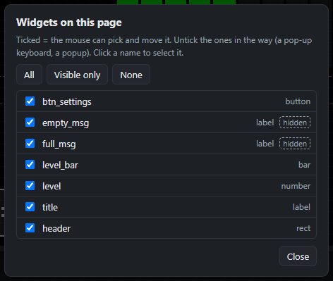 Widgets on this page dialog