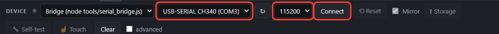COM port, 115200, Connect in red boxes