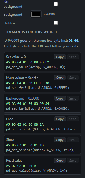 Arrow: Commands: Send from the PC, Copy the code