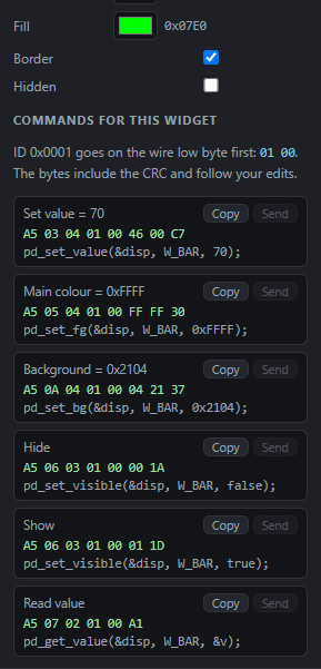Bar: Commands: Send from the PC, Copy the code