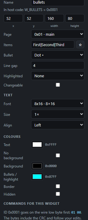 Bullet list: Settings