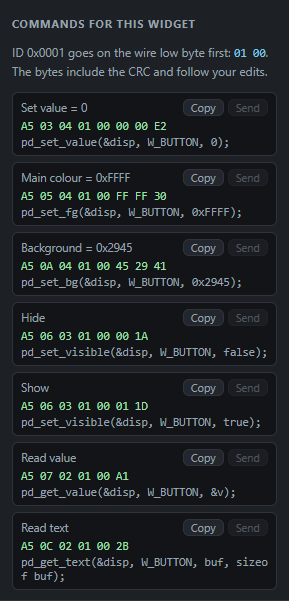 Button: Commands: Send from the PC, Copy the code