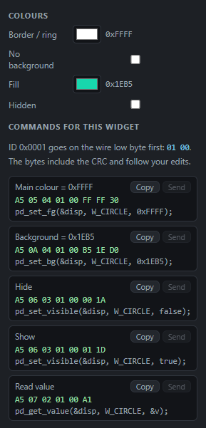 Circle: Commands: Send from the PC, Copy the code