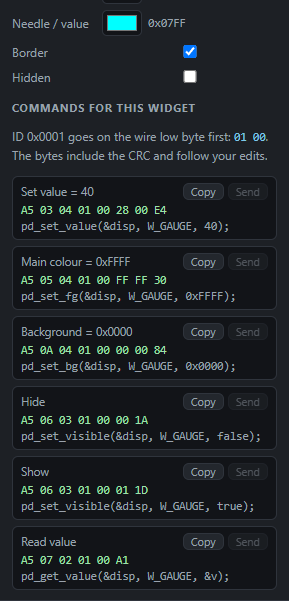 Needle gauge: Commands: Send from the PC, Copy the code