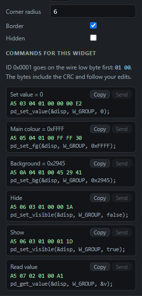 Button group: Commands: Send from the PC, Copy the code