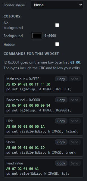 Image / logo: Commands: Send from the PC, Copy the code