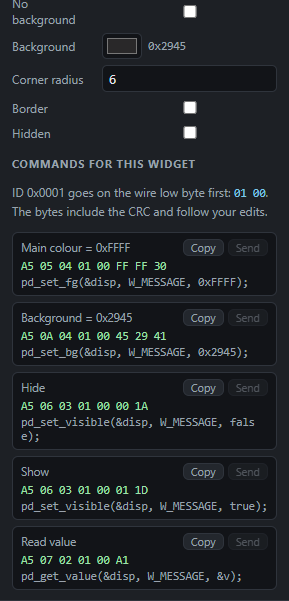Message: Commands: Send from the PC, Copy the code