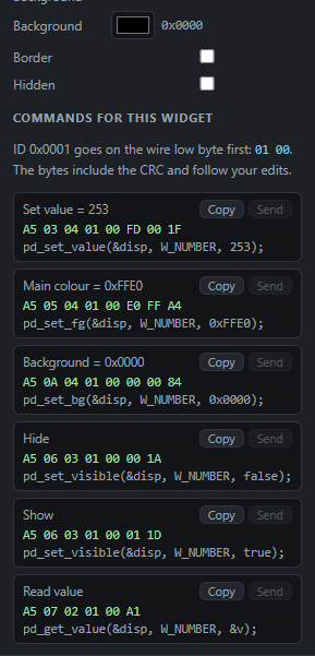 Number widget commands: Set value, Main colour, Background, Hide, Show, Read value; Copy and Send for each