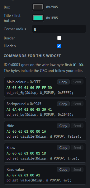 Popup: Commands: Send from the PC, Copy the code