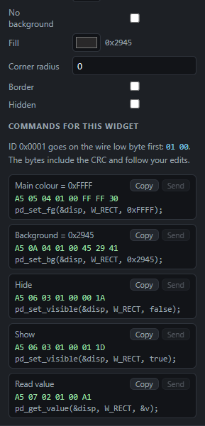 Rectangle: Commands: Send from the PC, Copy the code