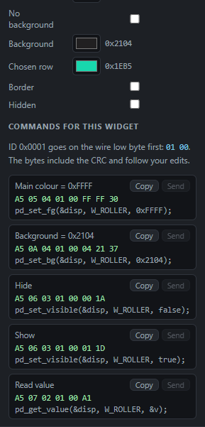 Roller (picker): Commands: Send from the PC, Copy the code