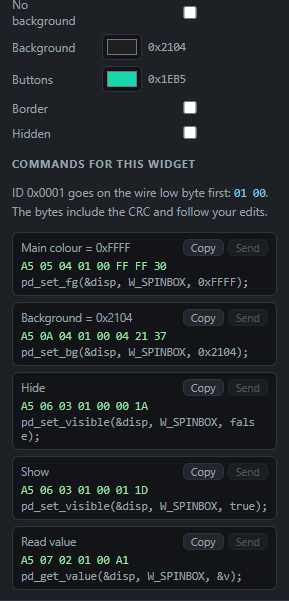 Spinbox (− 12 +): Commands: Send from the PC, Copy the code