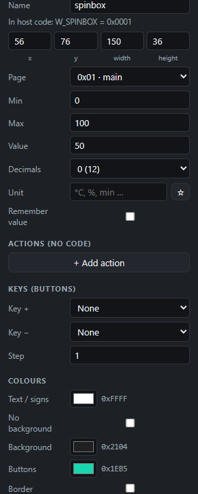 Spinbox (− 12 +): Settings