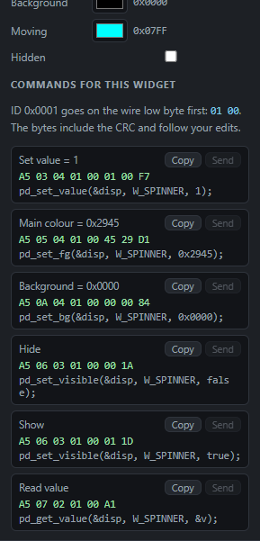 Spinner: Commands: Send from the PC, Copy the code