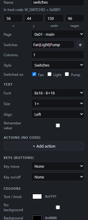 Switch array: Settings