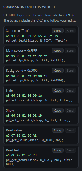 Text: Commands: Send from the PC, Copy the code